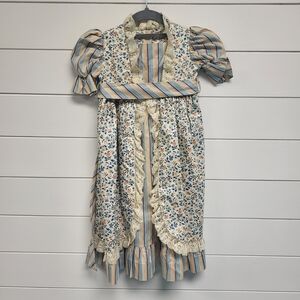 Vintage Cottagecore Floral & Striped Lace-Trim Dress Sz.2T - Blue/Cream